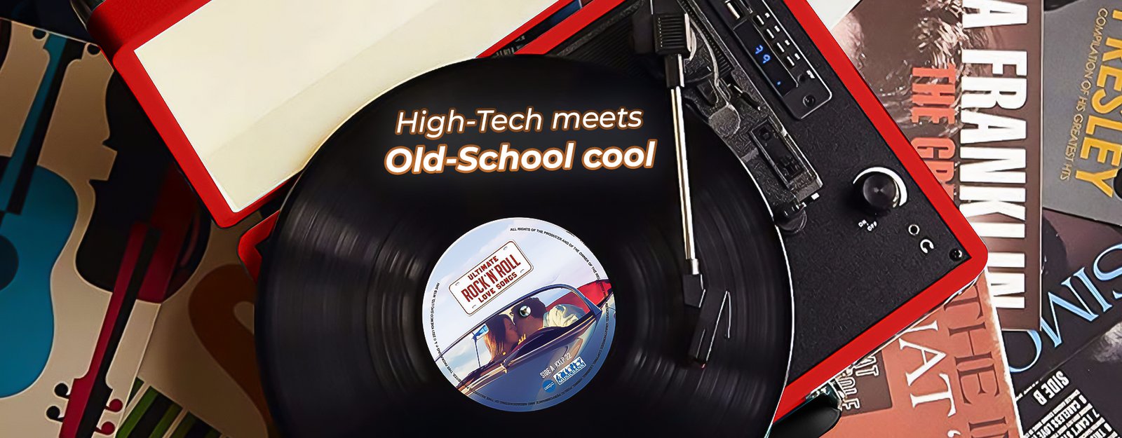 Vinyl Buddy red record player spinning a record with the tagline: High-Tech meets Old-School cool.