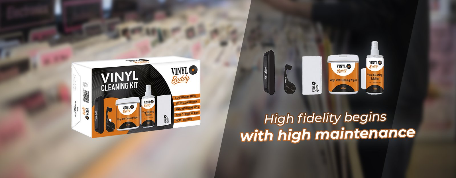 Vinyl Buddy Cleaning Kit with cleaning brush, stylus cleaner, wipes, and solution. Tagline: High fidelity begins with high maintenance.