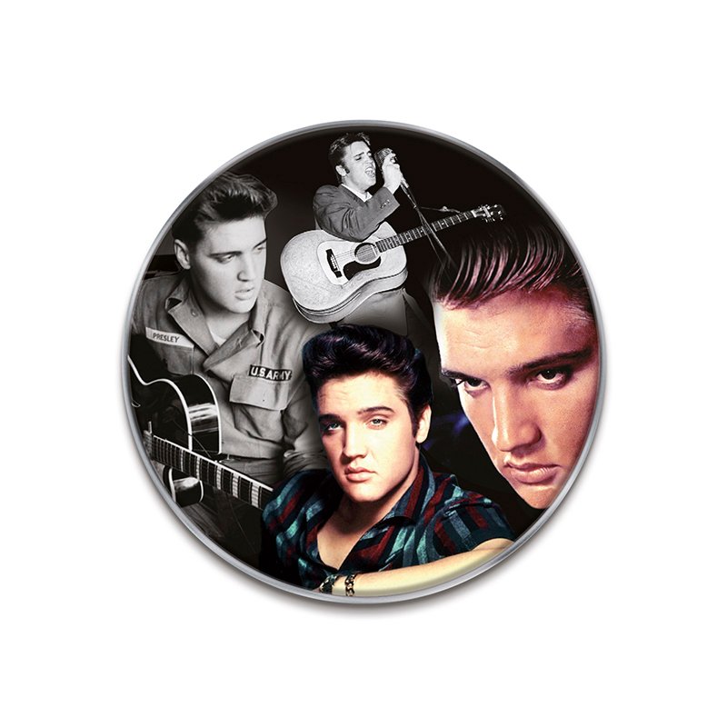 Vinyl-style drink coaster featuring a collage of Elvis Presley with guitar and portrait shots.