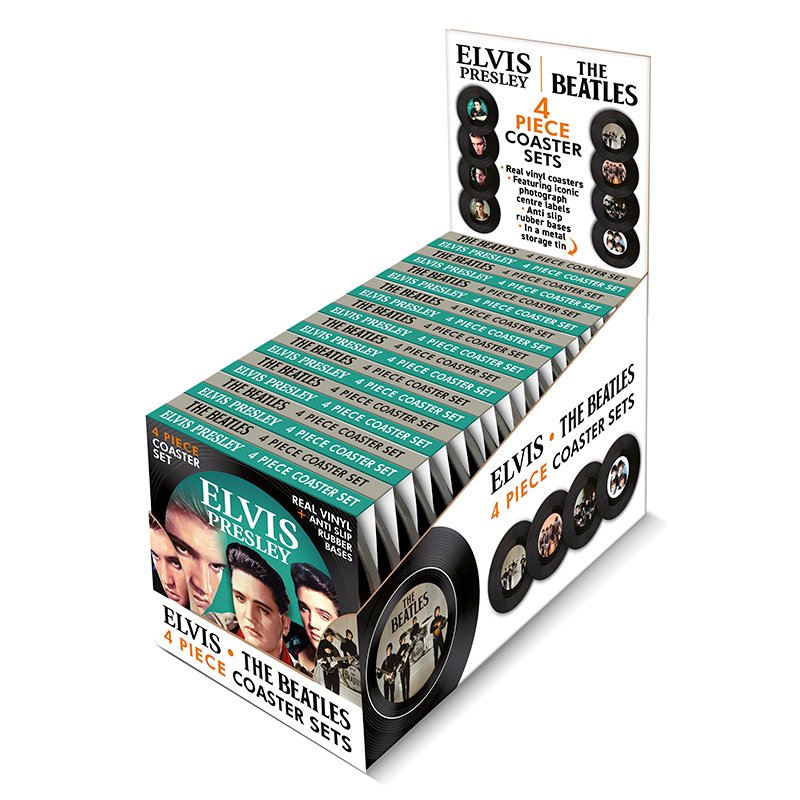 Retail display box with multiple 4-piece Elvis Presley and The Beatles vinyl coaster sets featuring classic album art.