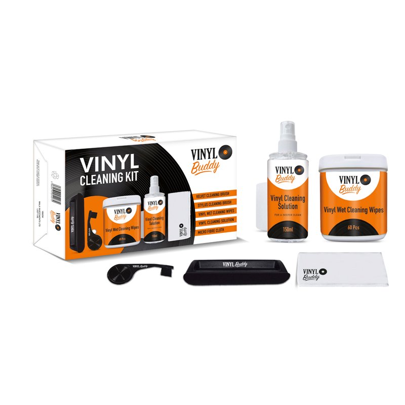 Vinyl Buddy complete vinyl cleaning kit with stylus brush, velvet cleaning brush, microfiber cloth, wet cleaning wipes, and 150ml cleaning solution – packaged for record maintenance and care.