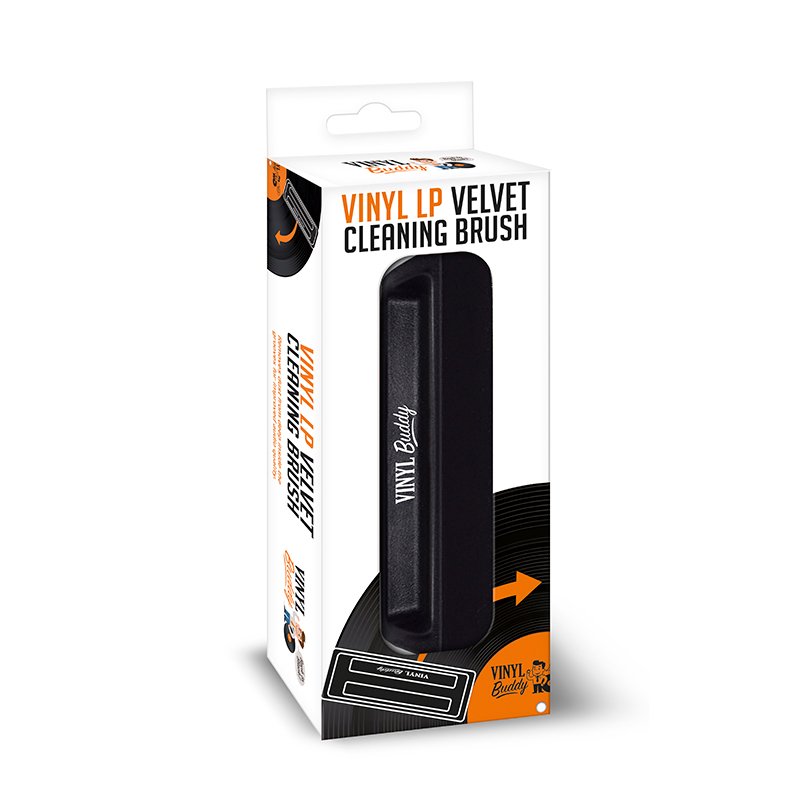 Vinyl Buddy LP velvet cleaning brush in retail packaging, designed for safe and effective dust removal from vinyl records, with ergonomic design and stylish branding.