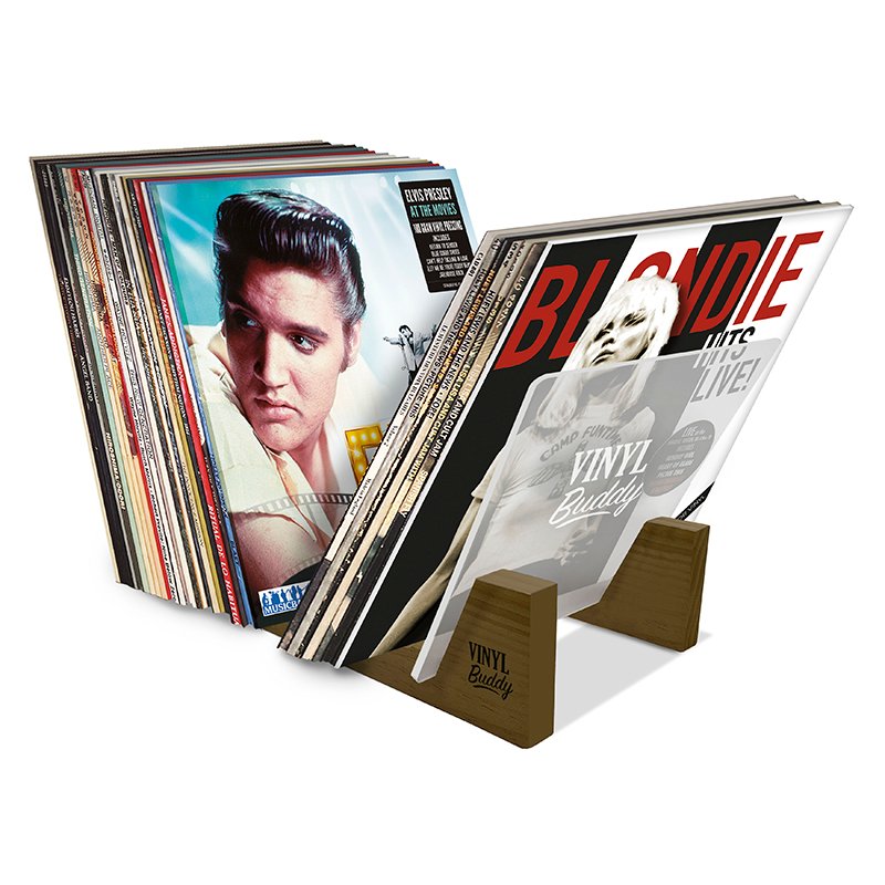 Vinyl Buddy wooden record display stand holding a collection of vintage vinyl records including Elvis Presley and Blondie – ideal for organizing and showcasing LP albums.