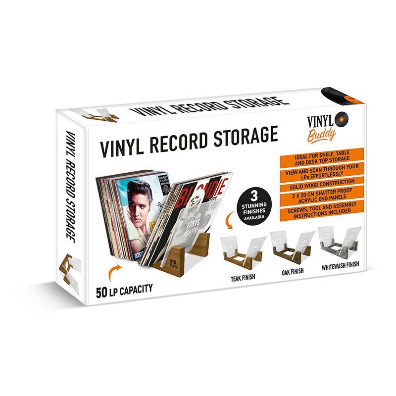 Vinyl Buddy vinyl record storage box packaging showing 50 LP capacity display stand with teak, oak, and whitewash finish options, featuring solid wood base and clear acrylic sides for easy album viewing.