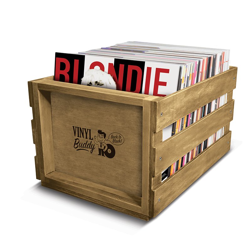 Vinyl Buddy wooden record crate storage box with retro logo, ideal for organizing and displaying large vinyl LP collections; features natural wood slats and holds over 50 albums.