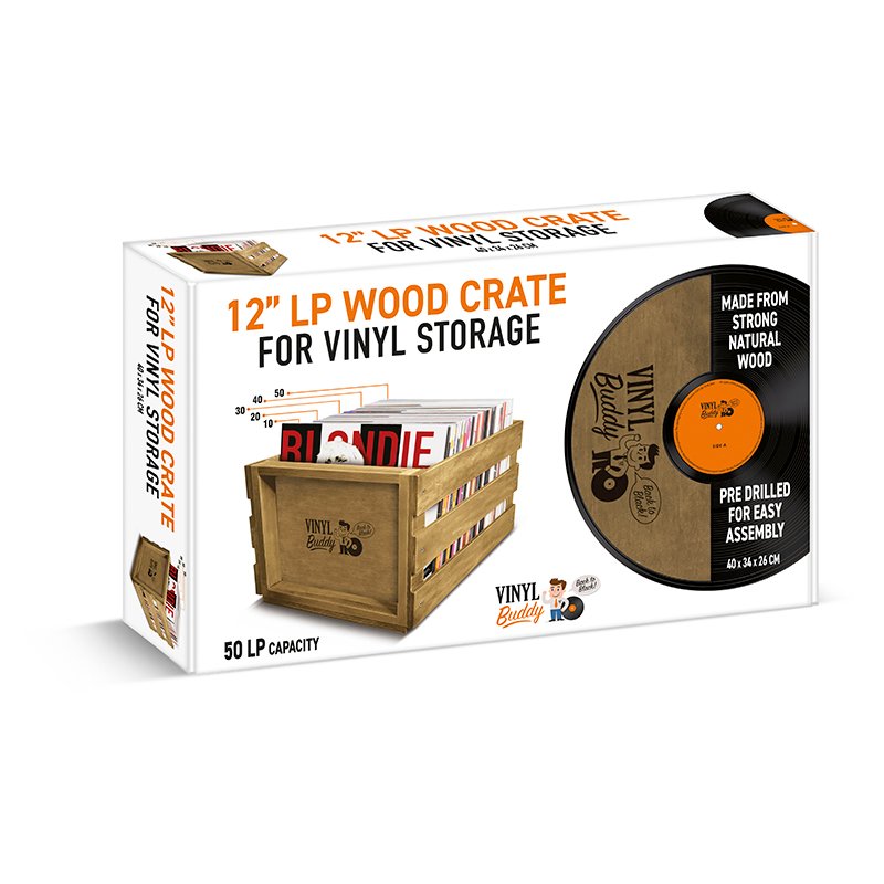 Vinyl Buddy 12-inch LP wood crate for vinyl storage, featuring natural wood construction, 50 LP capacity, pre-drilled panels for easy assembly, and retro-inspired packaging with record-themed design.