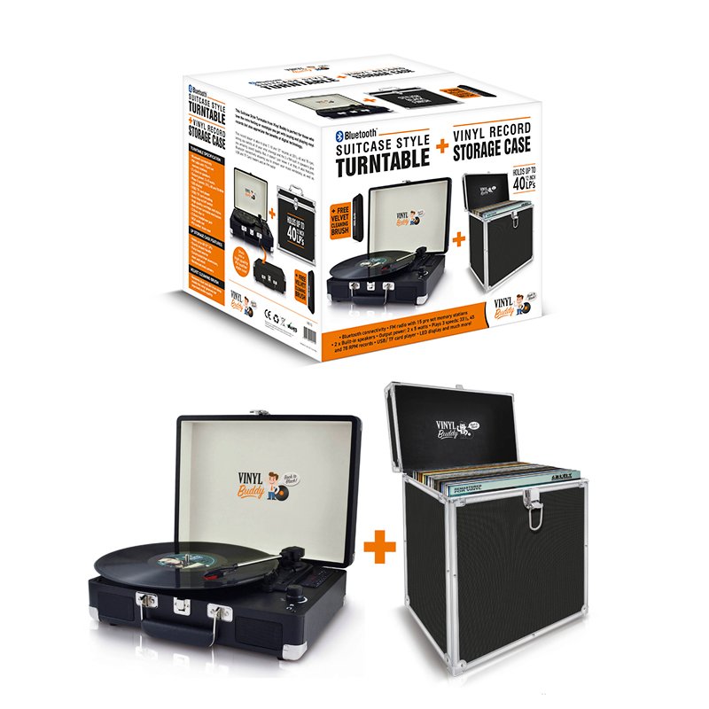 Side-by-side display of Vinyl Buddy portable record player and LP storage case with plus sign, showing complete bundle.